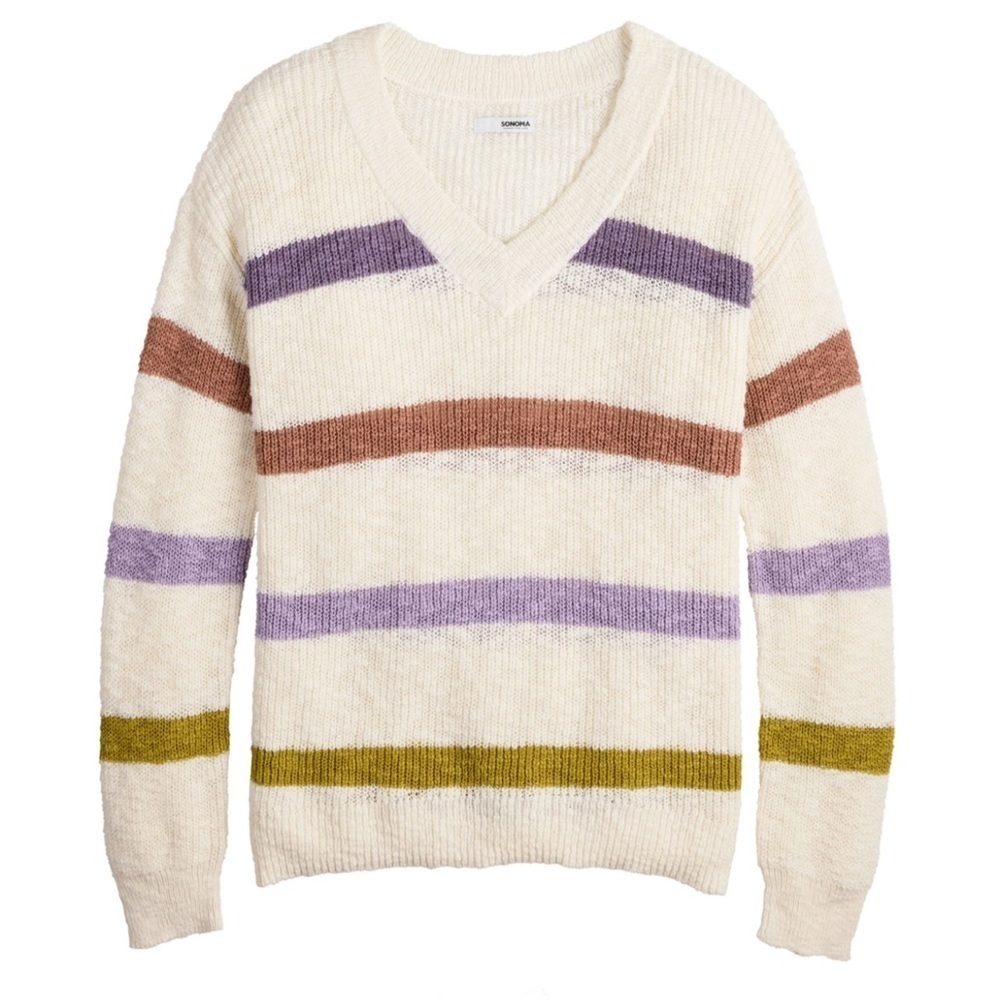 Sonoma Plus Size Spring Cream Striped V Neck Cotton Pull Over Sweater Size 3X